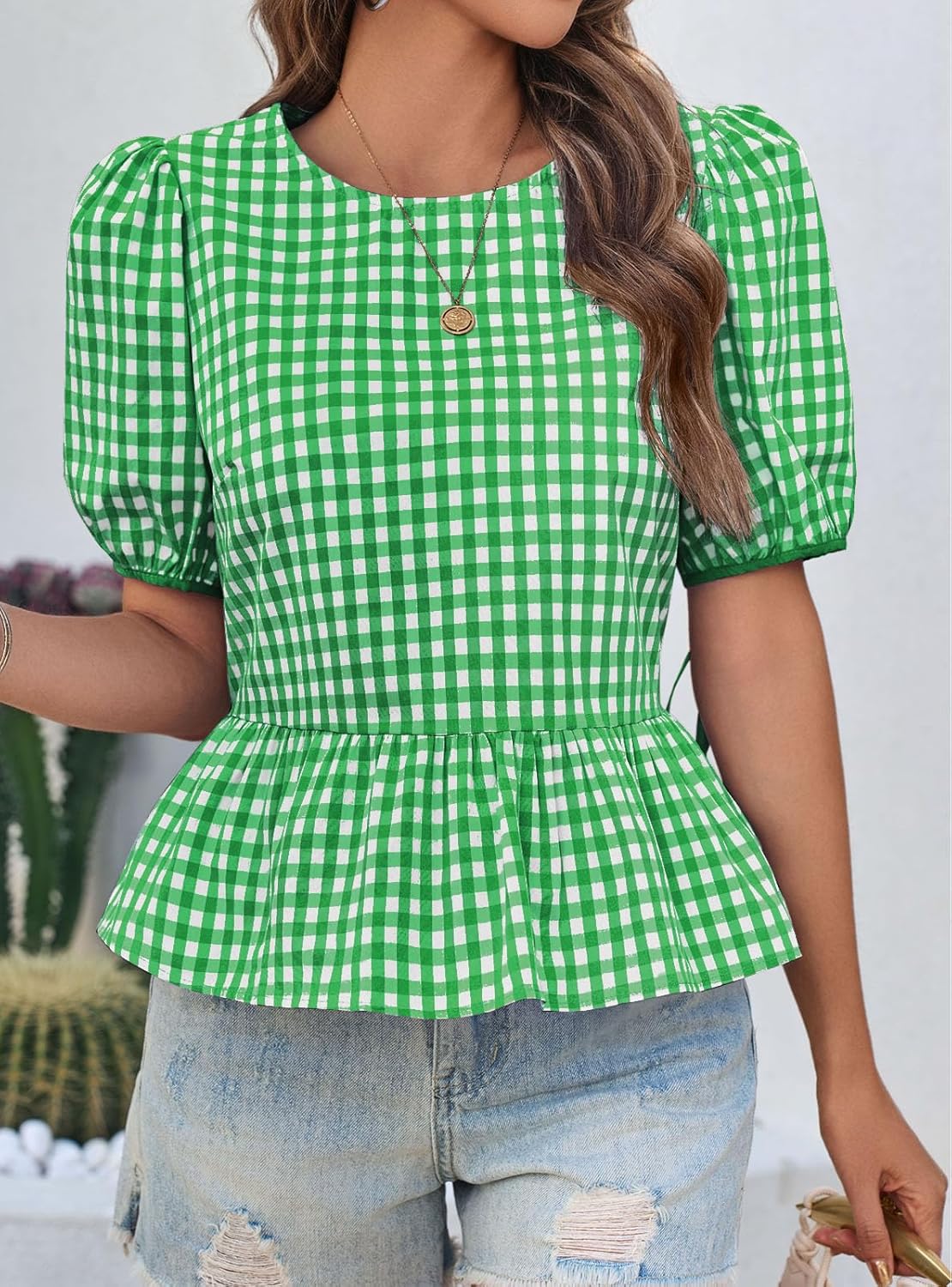 Cicy Bell Womens Puff Sleeve Gingham Blouse Summer Ruffle Peplum Babydoll Tops Cute Plaid Cotton Shirts - Image 5