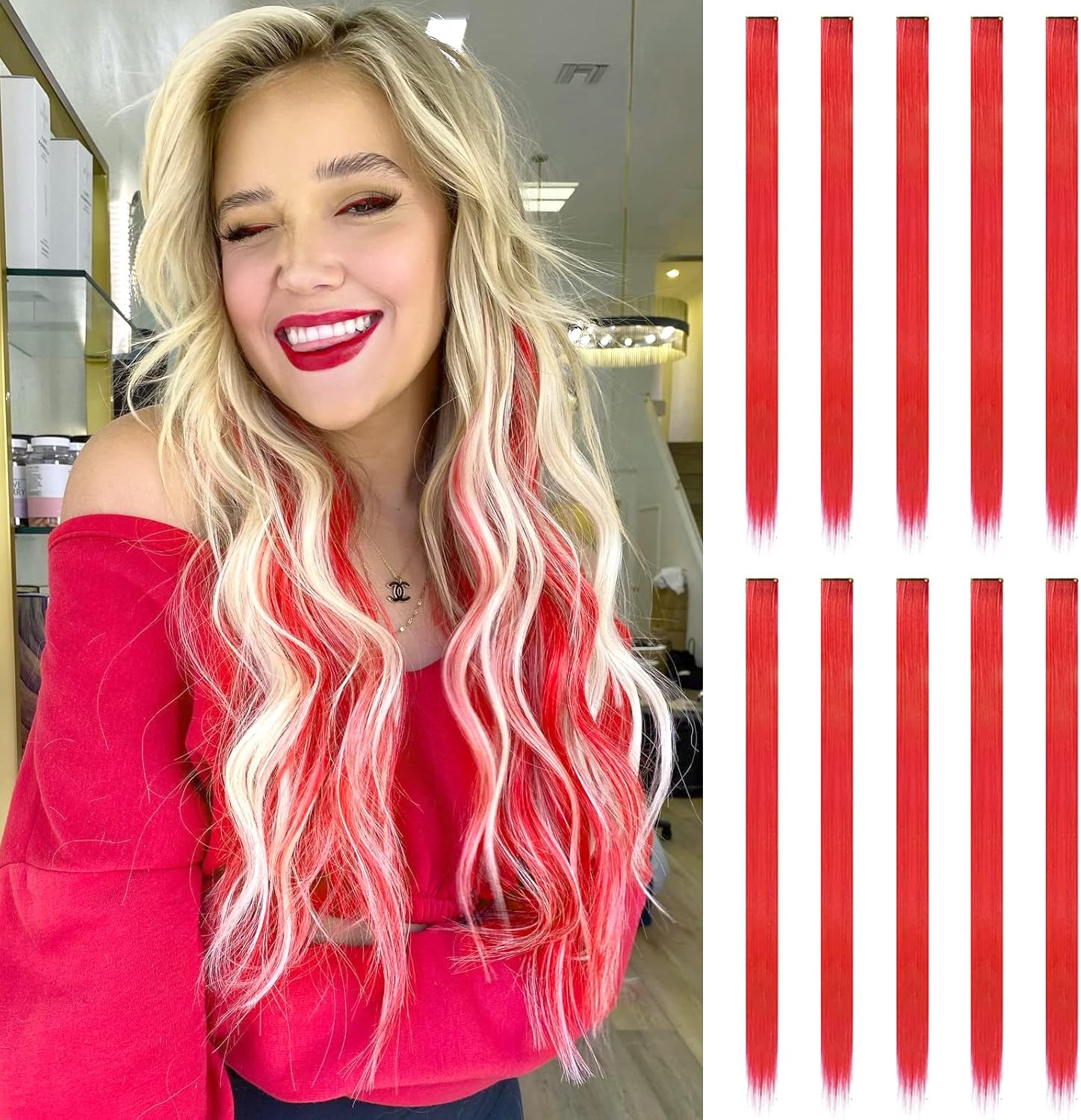 FESHFEN Extension Capelli Colorati Clip, 10 Pezzi Rosso Extension