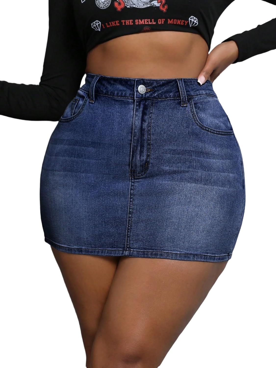 MakeMeChic Women's Plus Size Denim Skirt Mini High Waisted Zipper Bodycon Jean Skirt