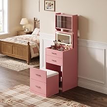 3-in-1 Vanity Desk with LED Mirror Cushioned Chair & Charging Station Pink