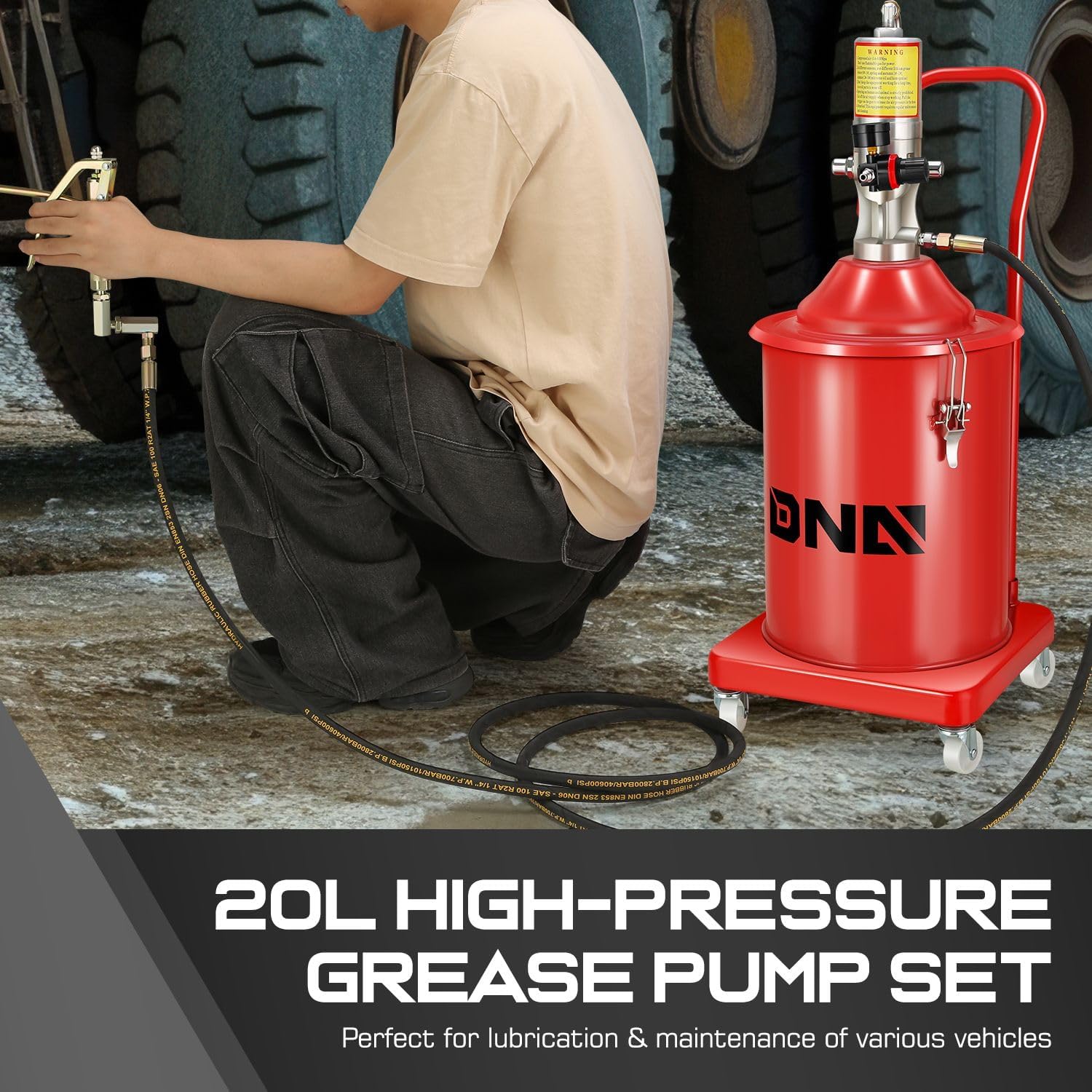 DNA Motoring 5 Gallon Air Grease Pump, 20L High-Pressure Grease Pump Set, Portable Pneumatic Grease Pump with Wheels, w/ 13ft High Pressure Hose, Grease Gun, TOOLS-00661