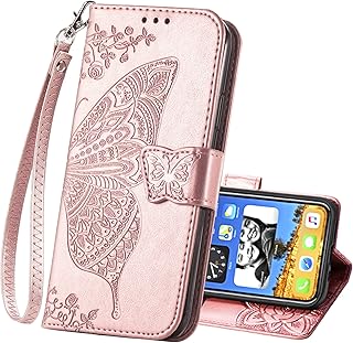 Wallet Case for iPhone 13 Pro Max,PU Leather Wallet Flip Protective Phone Case Wrist Strap Card Slots Holder Pocket Emboss Butterfly Flower Stand Case for iPhone 13 Pro Max Rose Gold