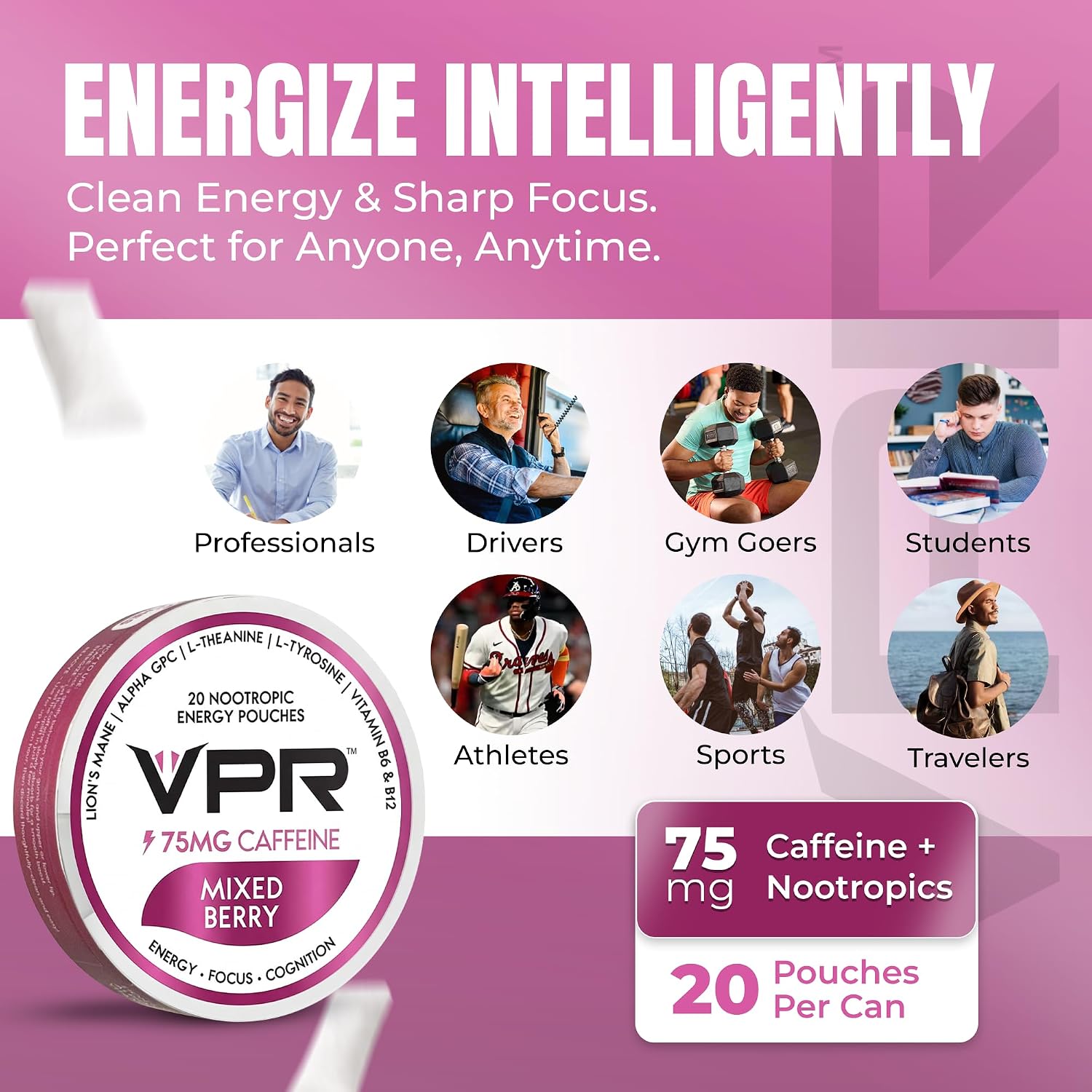 VPR 75MG Caffeine Nootropic Pouches | 20 Count Energy Pouches with Lion's Mane, Alpha-GPC, Vitamin B6 & B12, L-Theanine, and L-Tyrosine | Naturally Flavored Focus Pouches with No Sugar (Mixed Berry)