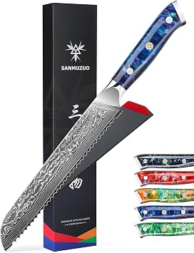 8 Bread Knife Serrated Kitchen Chef Knife- Damascus Steel & Resin Handle - Xuan Series Sapphire Blue