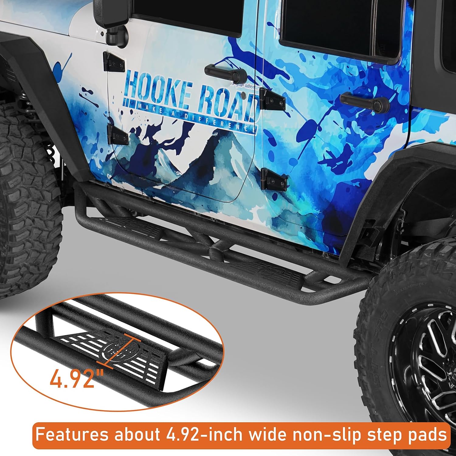 Hooke Road 4 Door JK Drop Side Step Running Boards for 2007-2018 Jeep Wrangler JKU 4-Door Only, Heavy Duty Steel Step Bar with Non Slip Pads