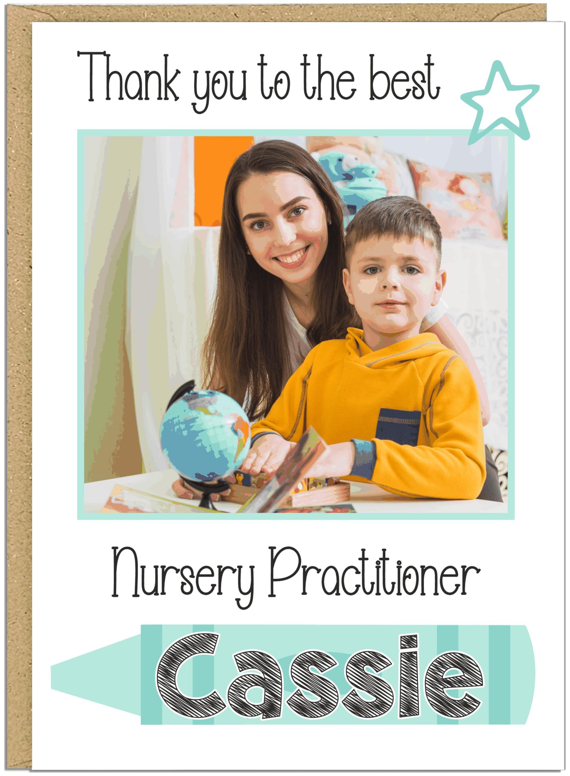 Personalised Photo Thank You Nursery Teacher Card - Own Name - Custom Text Under Photo - 8 Colour Options - For Pre-School Nursery Appreciation Cards For Nursery Staff Keyworkers Helpers, Mint