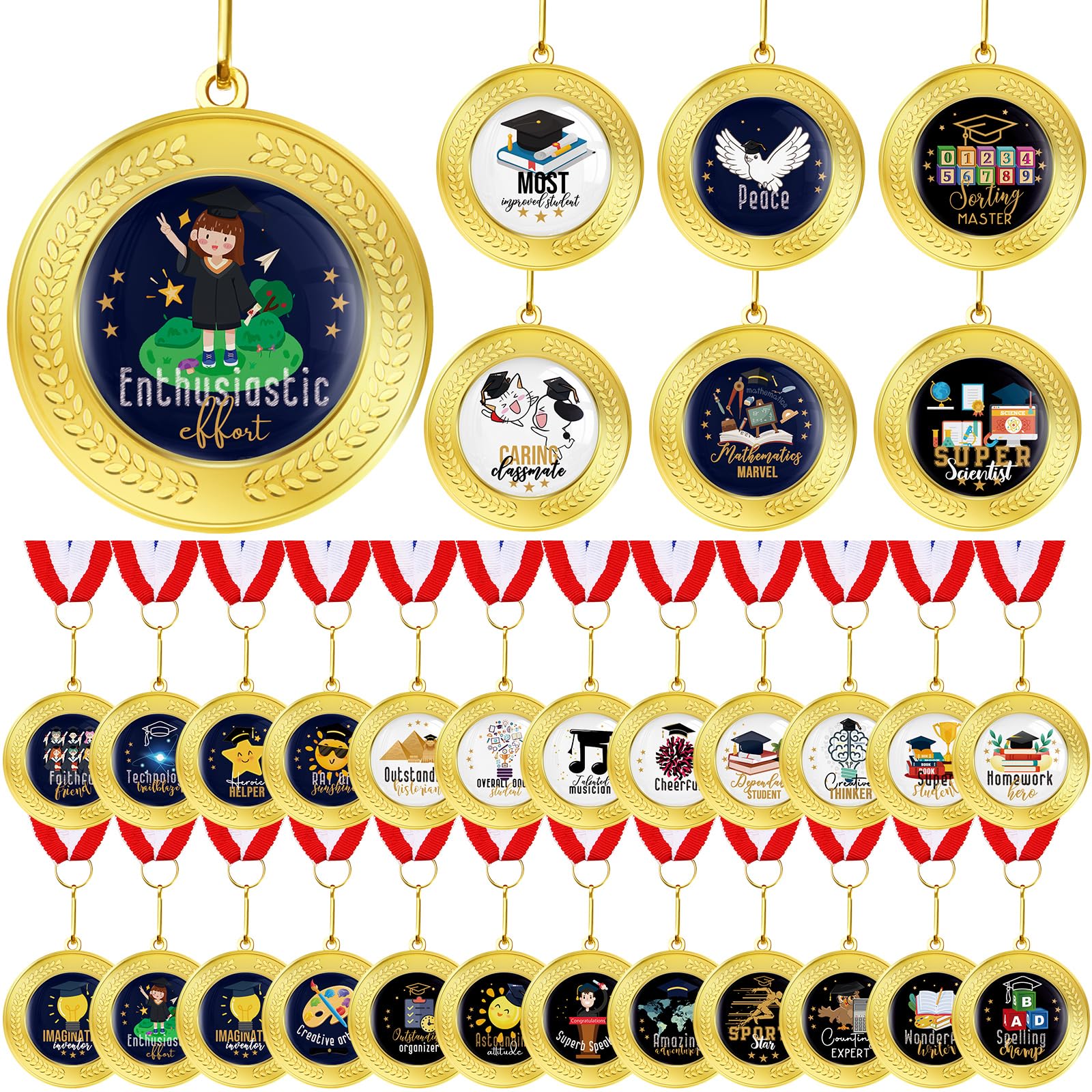 HyDren 30 Set Metal Kindergarten Graduation Medals for Kids Preschool Graduation Medal Bulk Preschool 2025 Kindergarten Awards Sets for Kids Students Sports with Neck Ribbon