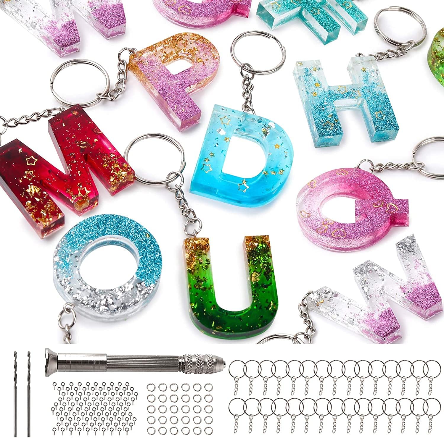 Jubilant 134Pcs Silicone Alphabet Resin Molds Kit Letter Number Silicone Mold Epoxy Resin Casting Molds Keychain Making Set with 1 Hand Drill 2 Drill Bits 30 Key Rings 100 Screw Pins, Multicolor