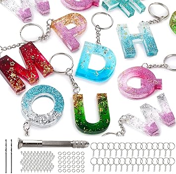 134Pcs Silicone Alphabet Resin Molds Kit Letter Number Silicone Mold Epoxy Resin Casting Molds Keychain Making Set with 1 Hand Drill 2 Drill Bits 30 Key Rings 100 Screw Pins, Multicolor
