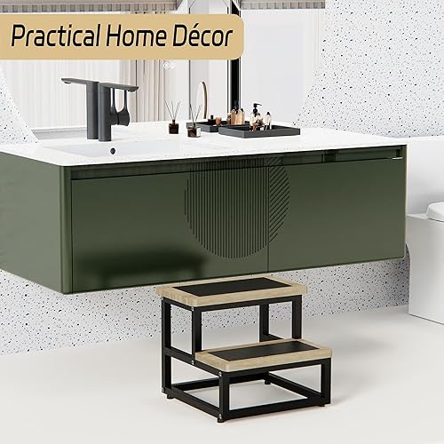 Miniatura 8 de Taburete pequeño para adultos y niños, taburete de pie de metal de madera, un taburete para mesita de noche y armario, escalera resistente de carga