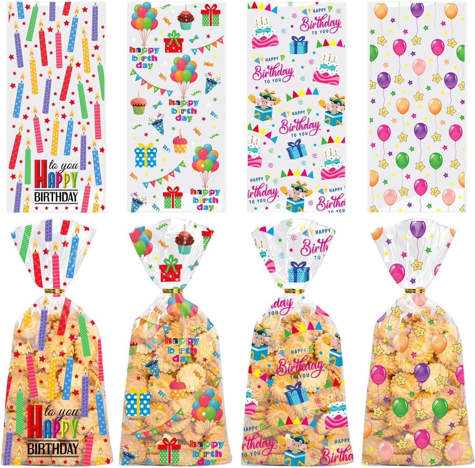 Happy Birthday Clear Cellophane Treat Bags,Plastic Candy, Cookie, Cake Gift Bags for Kids Party Favors, Balloon and Candle Design – Birthday Party Supplies 50PCS