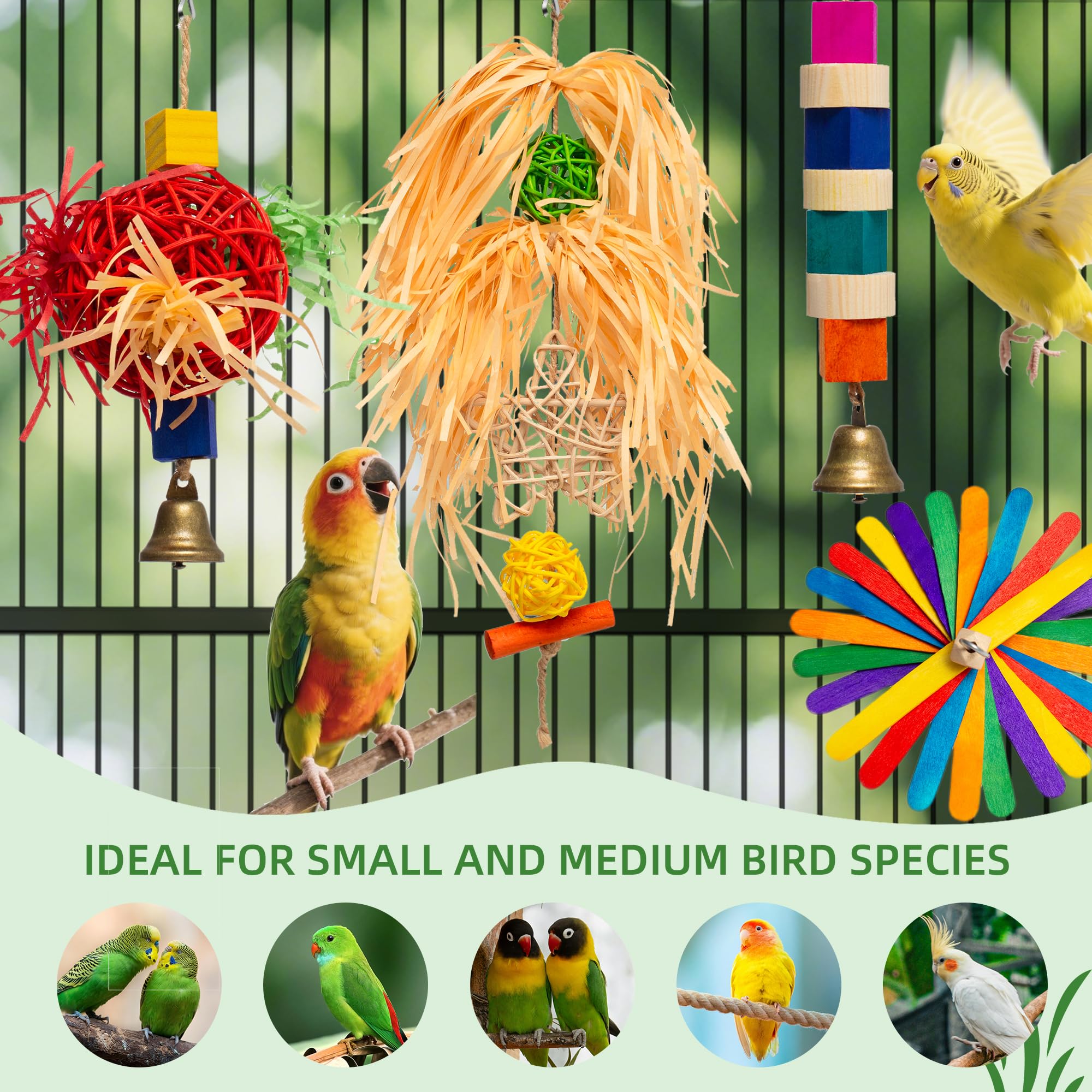 4-in-1 Hanging Bird Toy Set - Raffia Chew Balls, Wood Blocks & Bells for Foraging - Small Parrot Cage Toys for Conures, Lovebirds Under 150g (30-Day Play Guarantee) - image 3