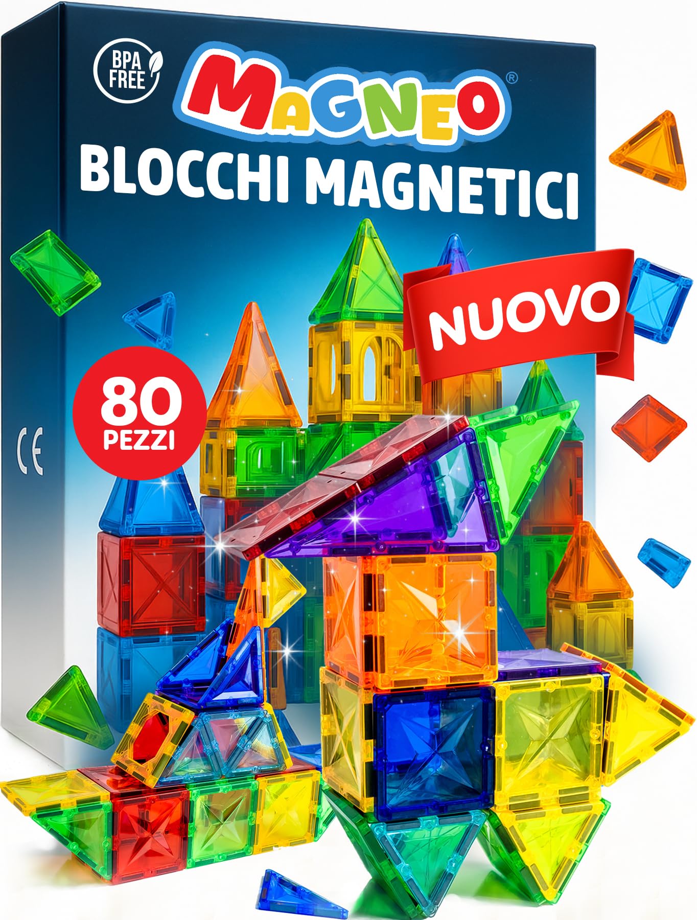 Magneo® Blocchi Magnetici 80 Pezzi – Costruzioni Magnetiche per Bambini 3+ – Gioco Creativo con Magnetic Tiles – Blocco da Costruzione Educativo – Idea Regalo Bimbi