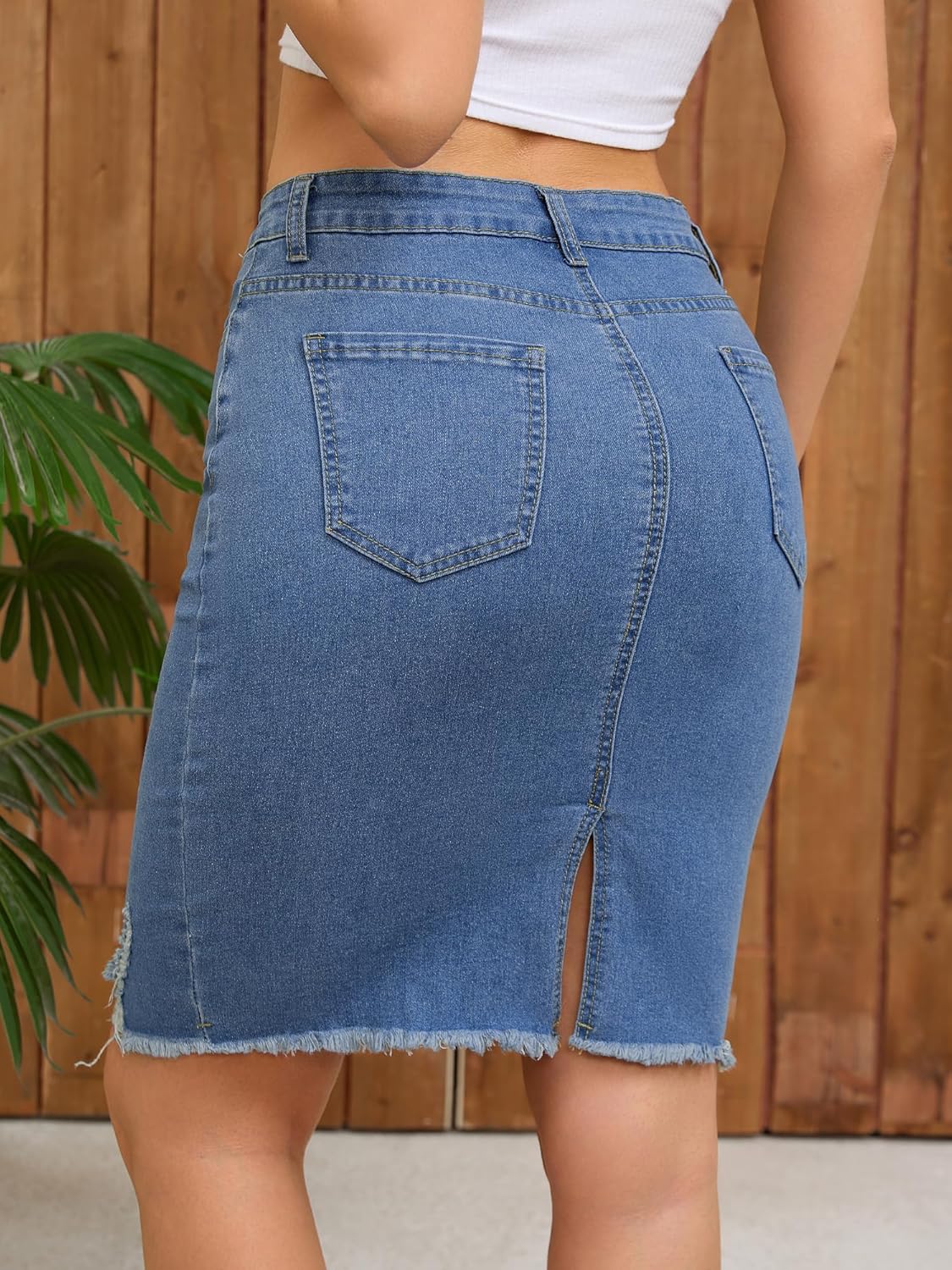 Women's Denim Skirt Stretchy High Waisted Raw Hem Knee Length Jean Pencil Skirts - Image 4