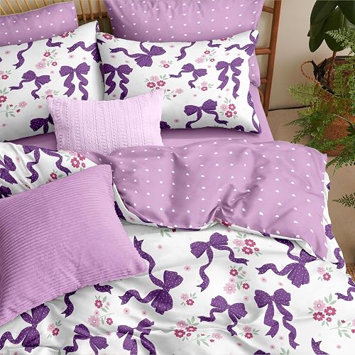 CCoutueChen Purple Bow Bedding Set Full Size, Ribbon Bowknot Reversible Lightwei