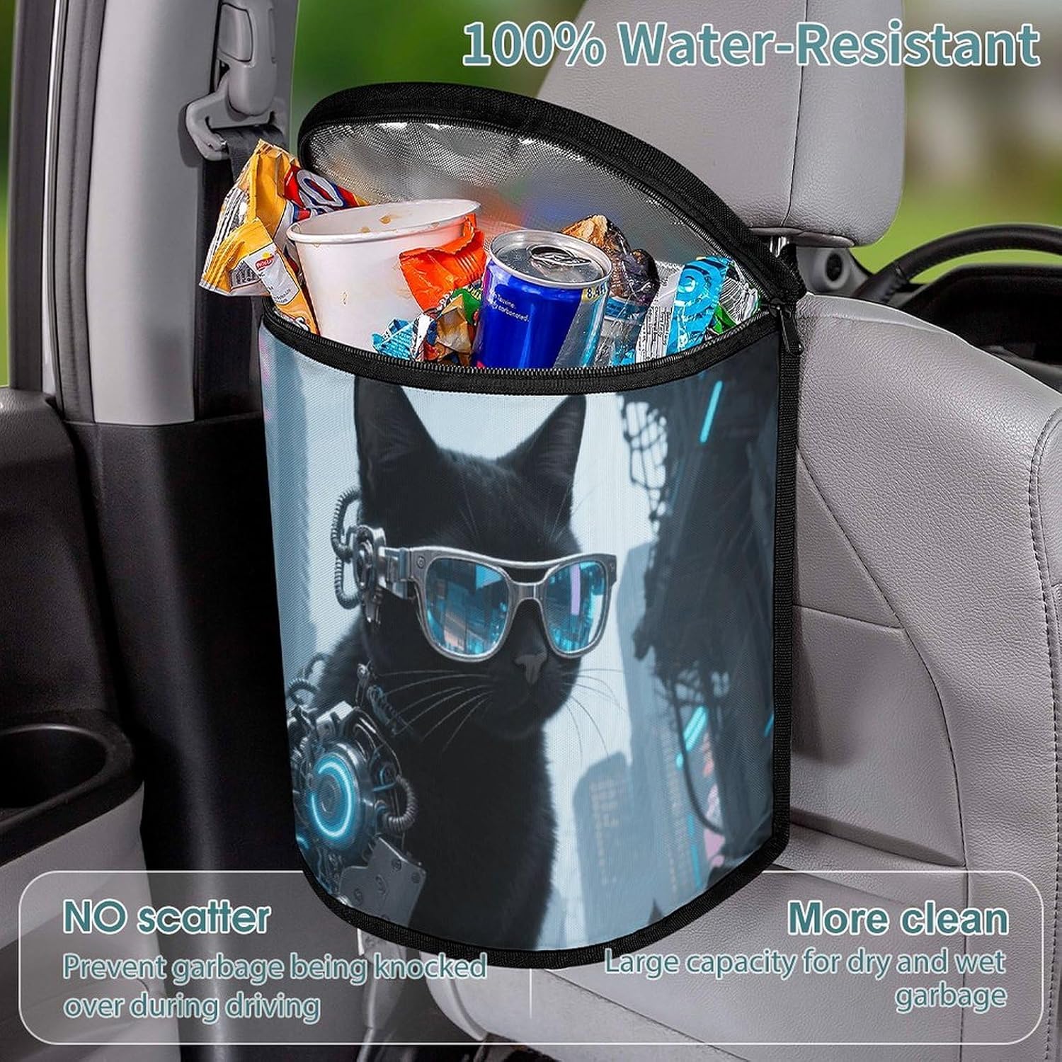 MUSM Leakproof Car Trash Can 2.5 Gallon, Durable Automotive Garbage Bag with Waterproof Liner, Black Cat Glasses Trash Bag for Car, Truck, RV & Bathroom
