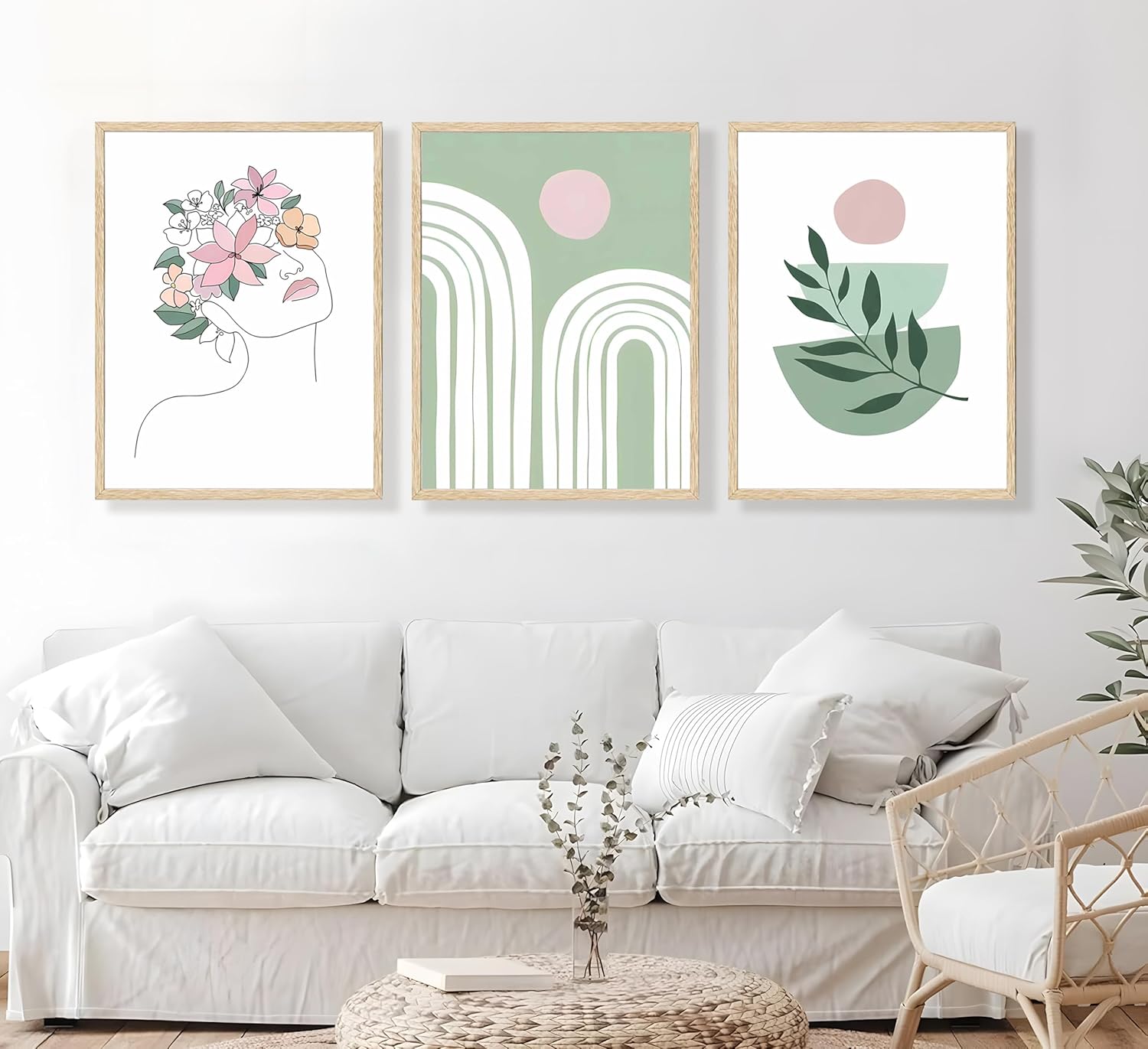 JWDXNOOK 3Pcs Abstract Minimalist Wall Art Green Plant & Abstract Line Female Floral Posters Wall Decor Soft Green Pink Boho Canvas paintings prints for Bedroom Living Room decoration Unframed