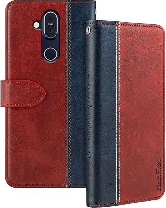 Two-Tone Leather Case for Nokia 8.1 - Red | 6.18" Protective Flip Cover With Card Holder RFID Blocking Magnetic Kickstand Slim Fit Business
