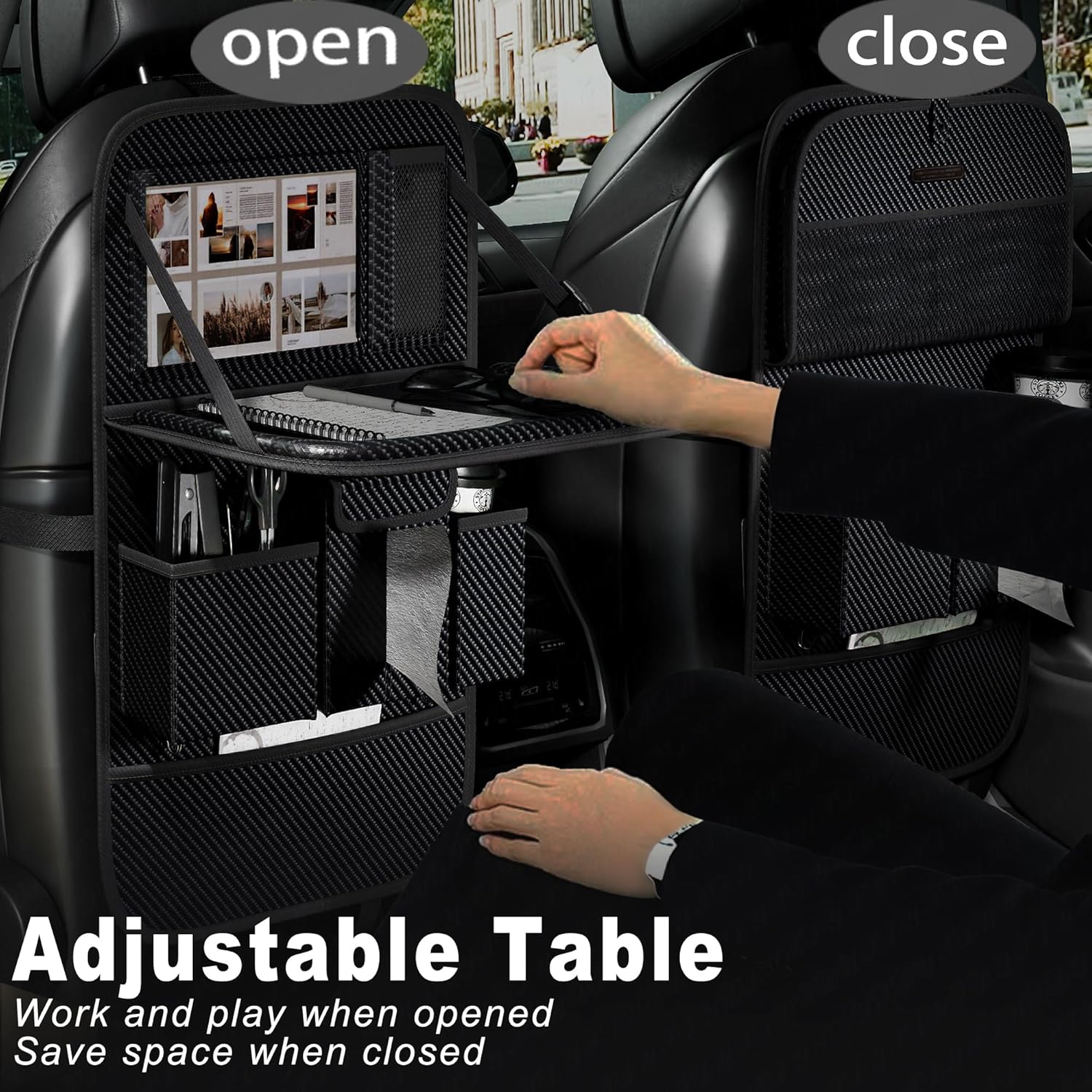 Car Seat Organizers,Multi-functional Back Seat Protectors, Storage Pouches, and Tray Holders (for Cars, Kids, Seat Back and Rear Seats) (Carbon Fiber, 2 Pcs)