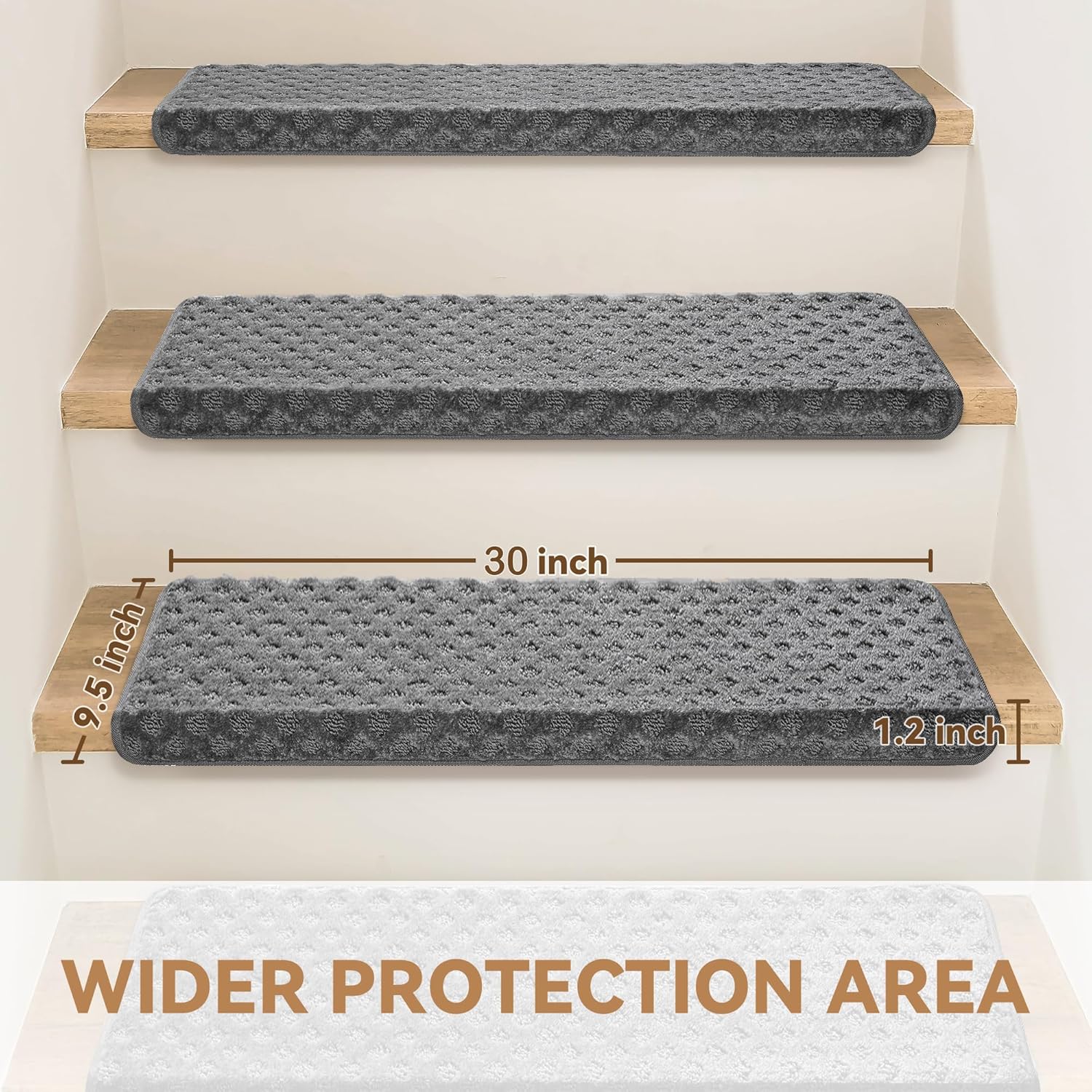 Bullnose Stair Treads Non Slip 9.5" x 30", 2 Pcs Carpet Stair Treads for Wooden Steps Indoor with Edge Protection, Reusable Peel and Stick TPU Backing Stair Runner Rugs - Lattice Pattern Grey 9.5*30 INCH Grey (Lattice Pattern) 2