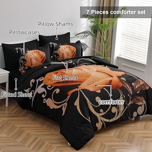 Miniatura 2 de Xruibed Juego de edredón floral tamaño King de 7 piezas en una bolsa, edredón de flores de rosa naranja con juego de sábanas de microfibra suave (1