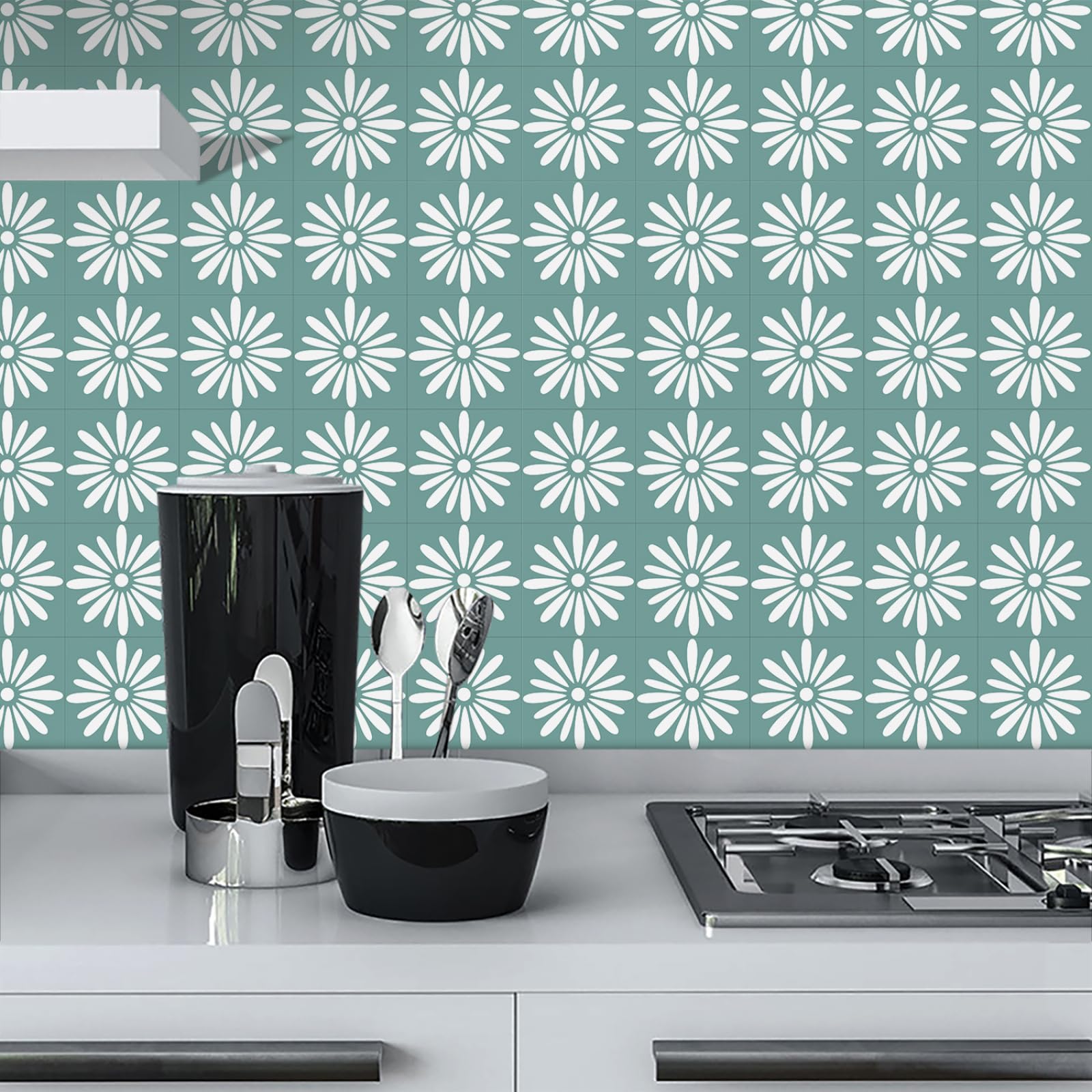 Peel and Stick Wall Tiles Green Floral Tiles Self Adhesive PVC Home Decor Backsplash Kitchen Tile Stickers Waterproof Tile Stickers for Bathroom 20x20 cm /10 Pcs