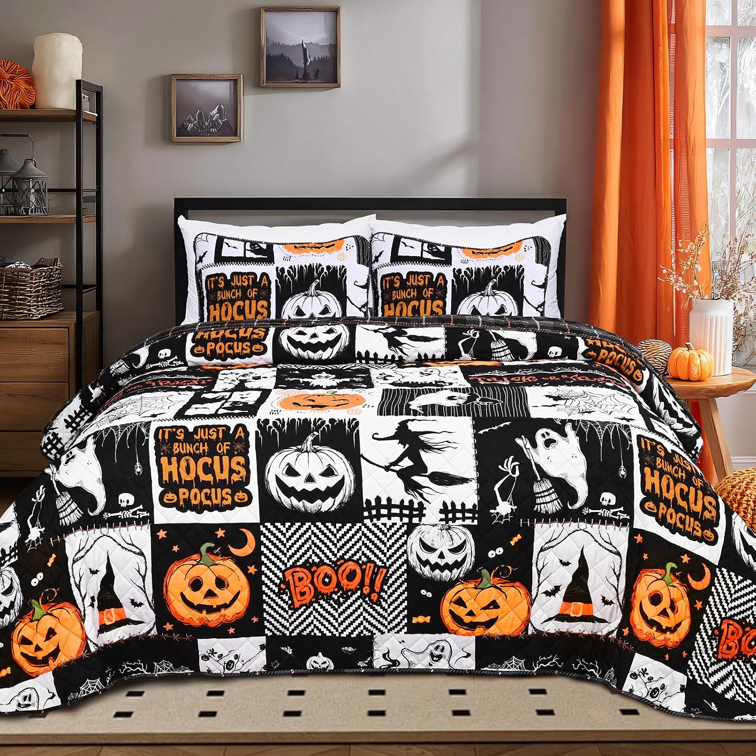 Invoibler Halloween Quilt Set King Size Black Reversible Bedspread Coverlet Set 3Pcs Lightweight Bedding Set Pumpkin Ghost Festival Themed Quilts Set for All Season (1 Quilt, 2 Pillow Shams)