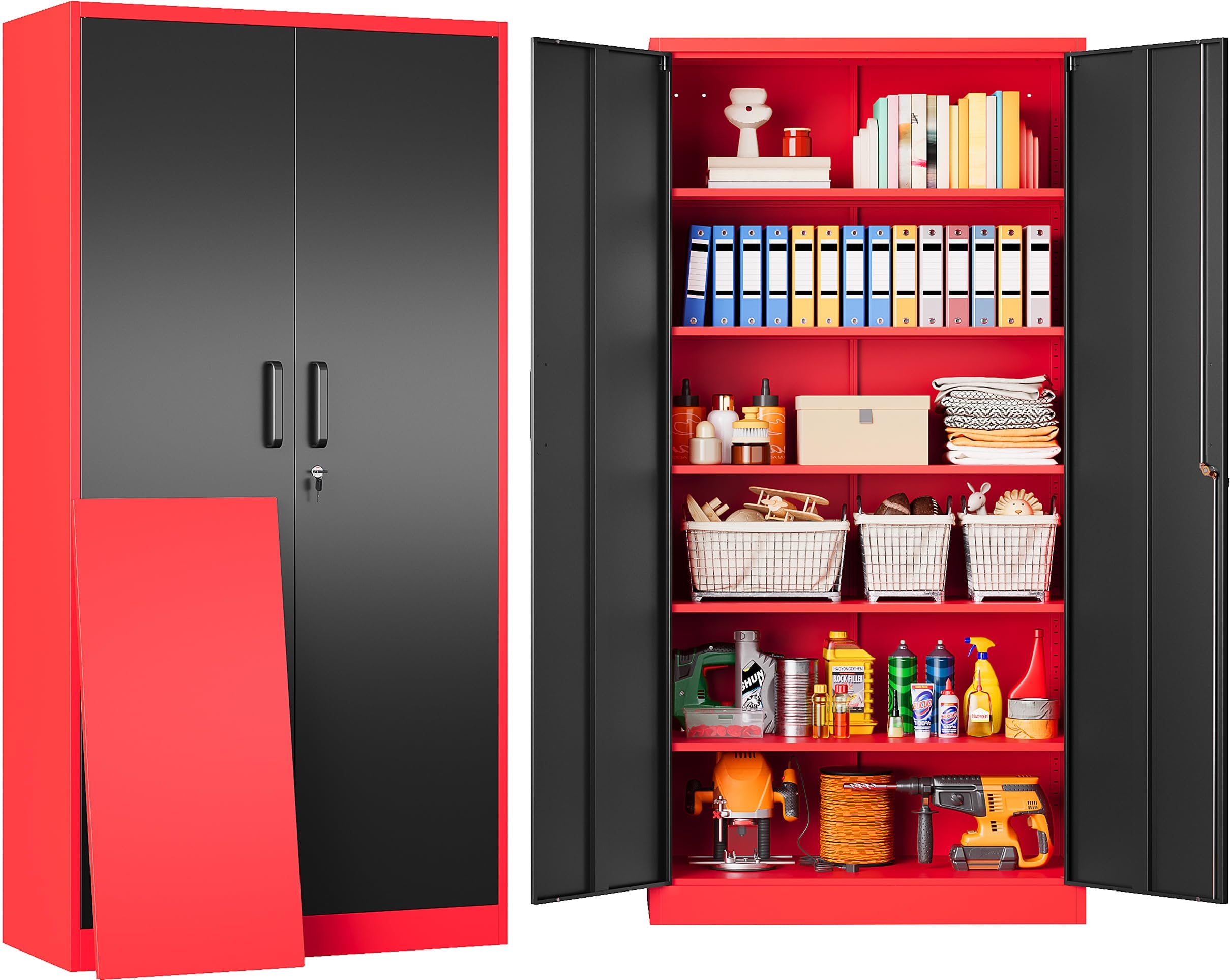 6 Tier Garage Storage Cabinet with 5 Adjustable Shelves,Metal Storage Cabinet with Lock,Red Black Metal Cabinet with Locking Doors,Steel Locker,71" Lockable Storage Cabinets for Home,Office,Garage