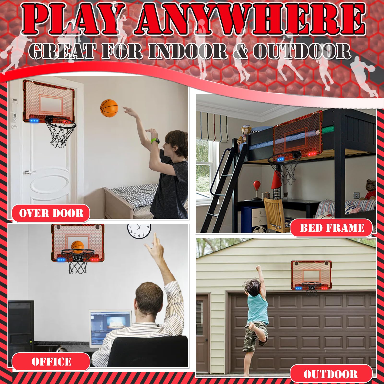 STAY GENT Panier de Basket Interieur, Mini Panier Basket la Porte avec Plusieurs Couleurs Lumières LED 4 Ballons Marqueur Automatique Panier Basket pour Chambre Mini Hoop Jeux Sportif Enfant Adultes
