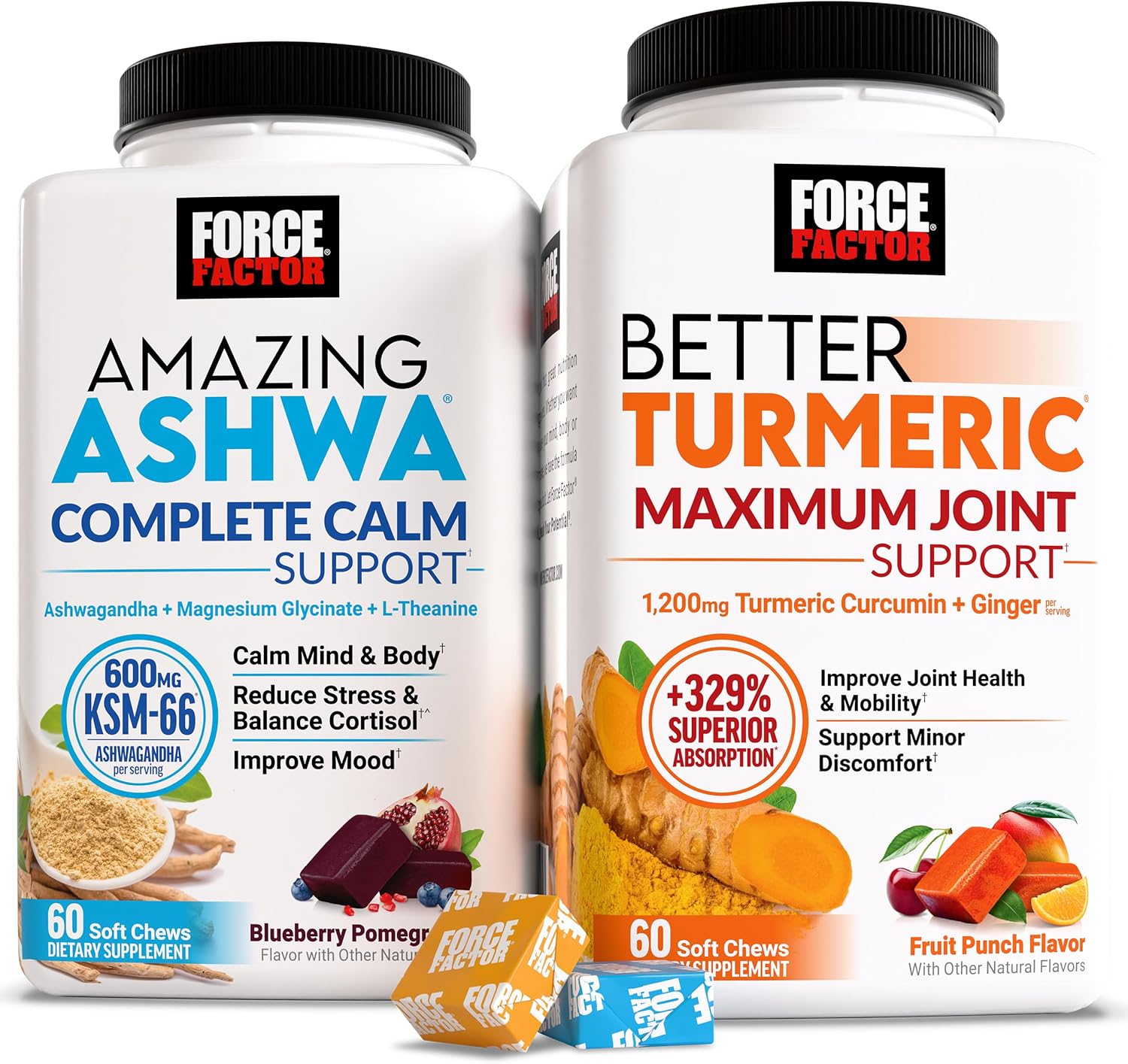 Force Factor Better Turmeric Maximum Joint Support, 1075mg Curcumin Amazing Ashwa Complete Calm Support with KSM-66 Ashwagandha, 120 Soft Chews