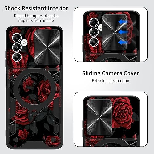 Vista 52 de Funda para Samsung Galaxy A13 5G con cubierta deslizante para lente de cámara y anillo giratorio de 360 grados, soporte híbrido de doble capa Flores
