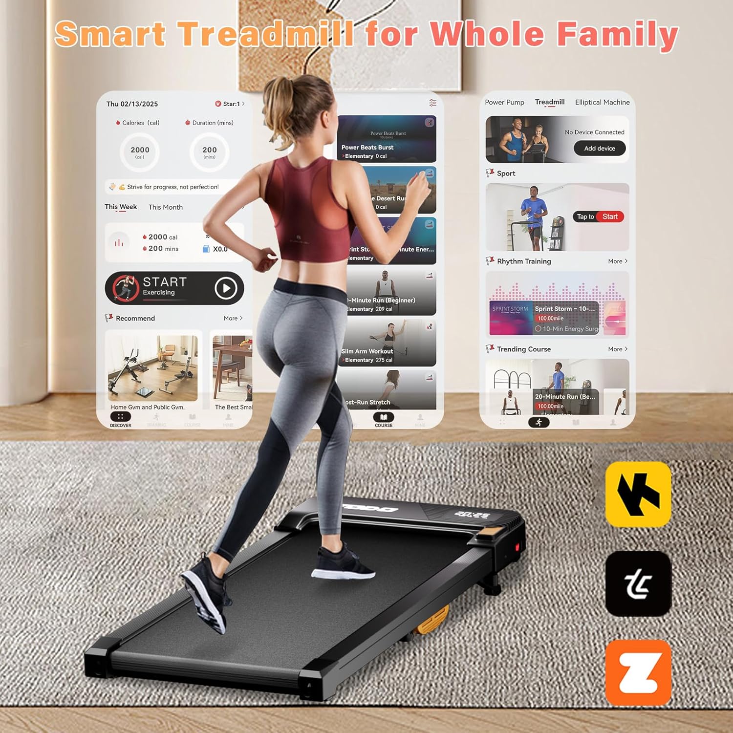Image showing a user on the treadmill with a smartphone displaying the TOUSAINS app interface, along with logos for Zwift and Kinomap.