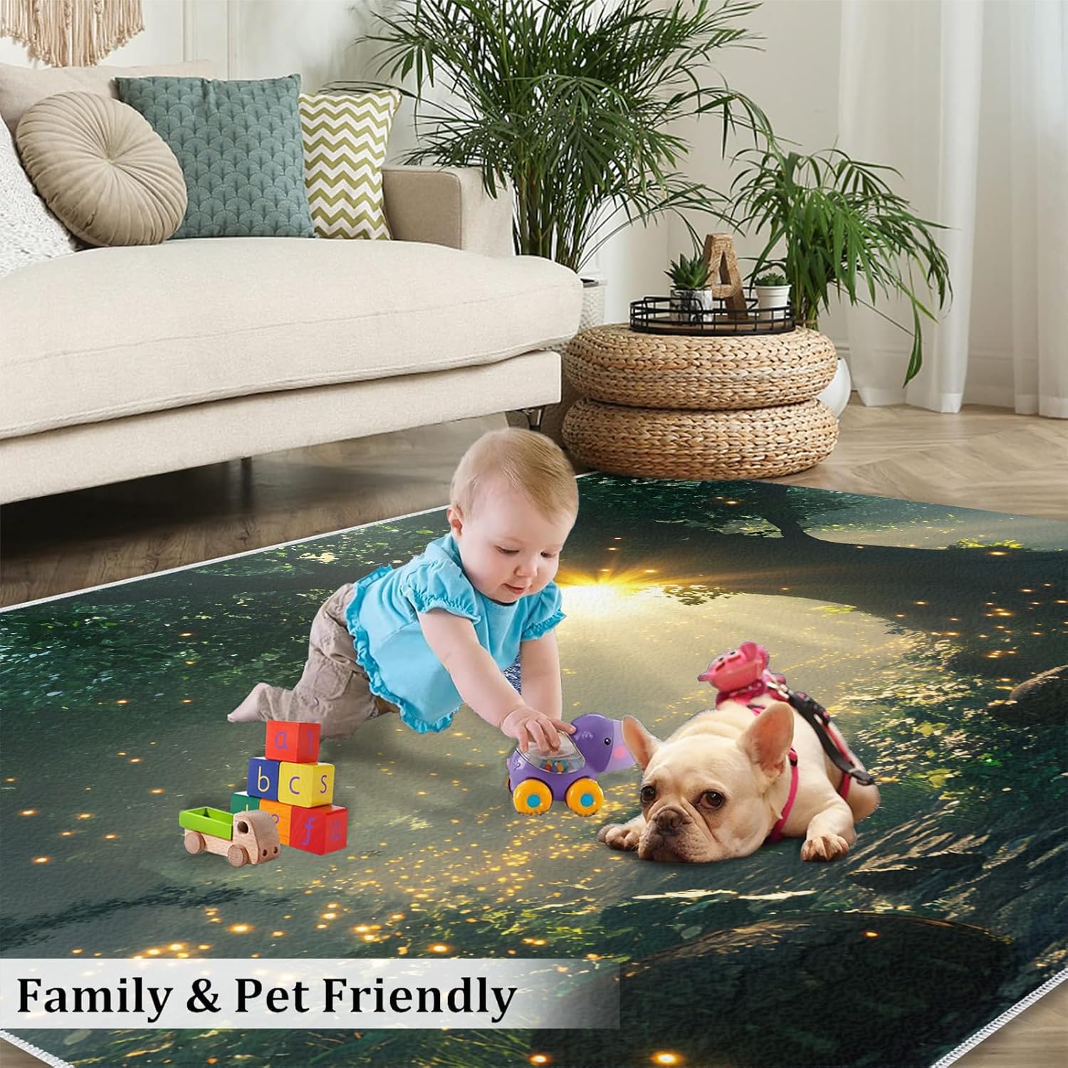 Enchanted Forest Area Rug 2x3ft Firefly Forest Rug, Magical Woodland Path Rug Decorative Rugs for Fantasy Room Nature Theme Art Floor Mat, for Washable Living Room Home Decor