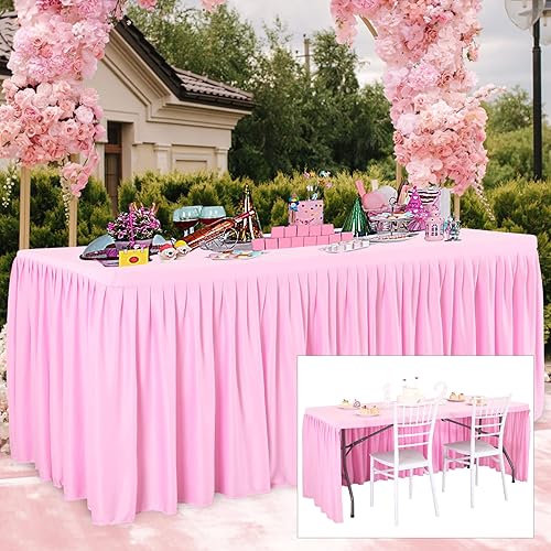 CO-AVE Mantel rectangular rosa de 6 pies con volantes de 3 lados, resistente a las arrugas, para bodas, baby shower, cumpleaños, banquetes, eventos,