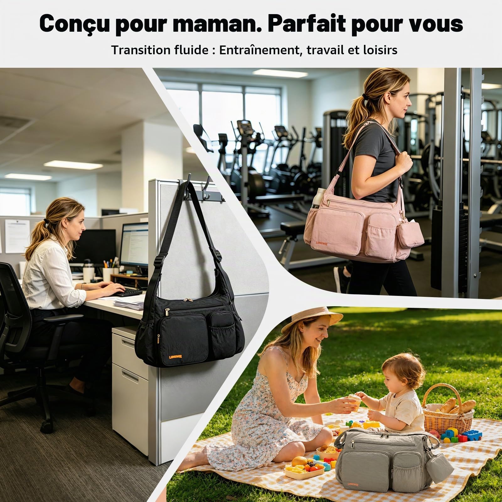 Sac à Langer Bouffant 2-en-1, Organisateur Poussette & Sac Bandoulière, 13L Léger, Sac de Voyage Bébé, Travail, Sport, Maternité