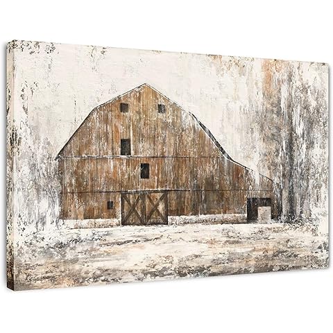 Yihui Arts Farmhouse Rustic Wall Decor Hand Painted Barn Canvas Wall Art Painting Country Pictures Artwork for Living Room Bedroom Bathroom