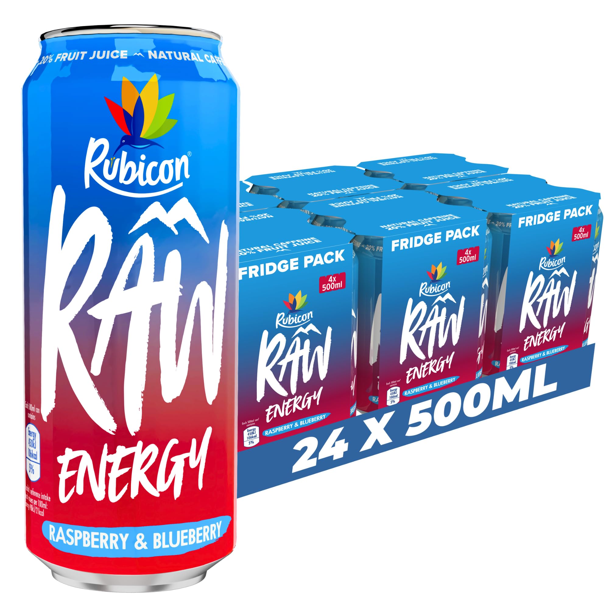 RAW 24 Pack Raspberry & Blueberry Energy Drink, 20% Fruit Juice, High caffeine with B-Vitamins, Ginseng & Guarana, Reduce Tiredness & Boost Energy - 24 x 500ml Cans