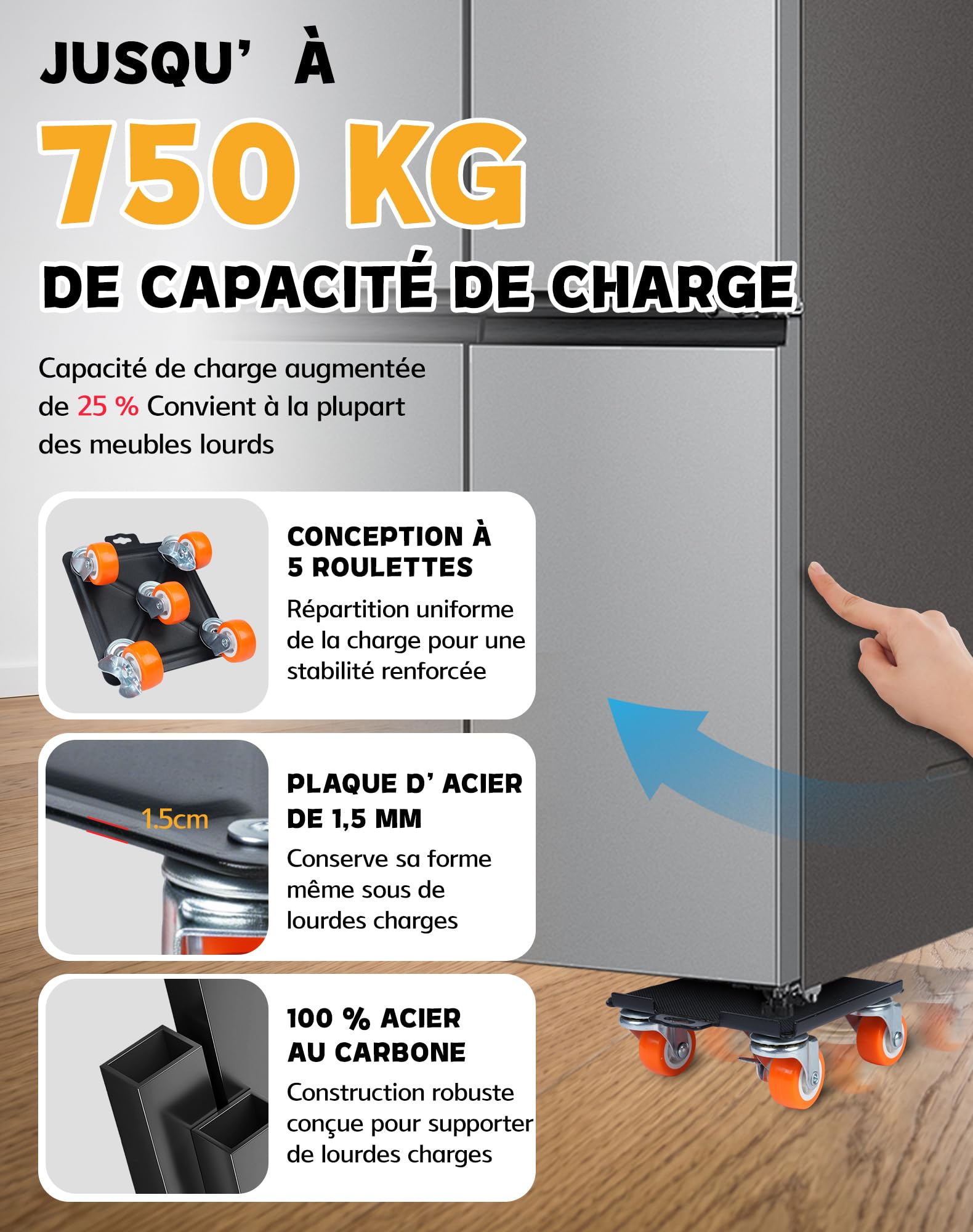Kit de Roulettes pour Meubles, 4 Roulettes à 5 Roues avec Frein et Lève-Meuble, Charge jusqu’à 750 kg, Roulette Demenagement pour Réfrigérateur, Machine à Laver, Armoire et Canapé