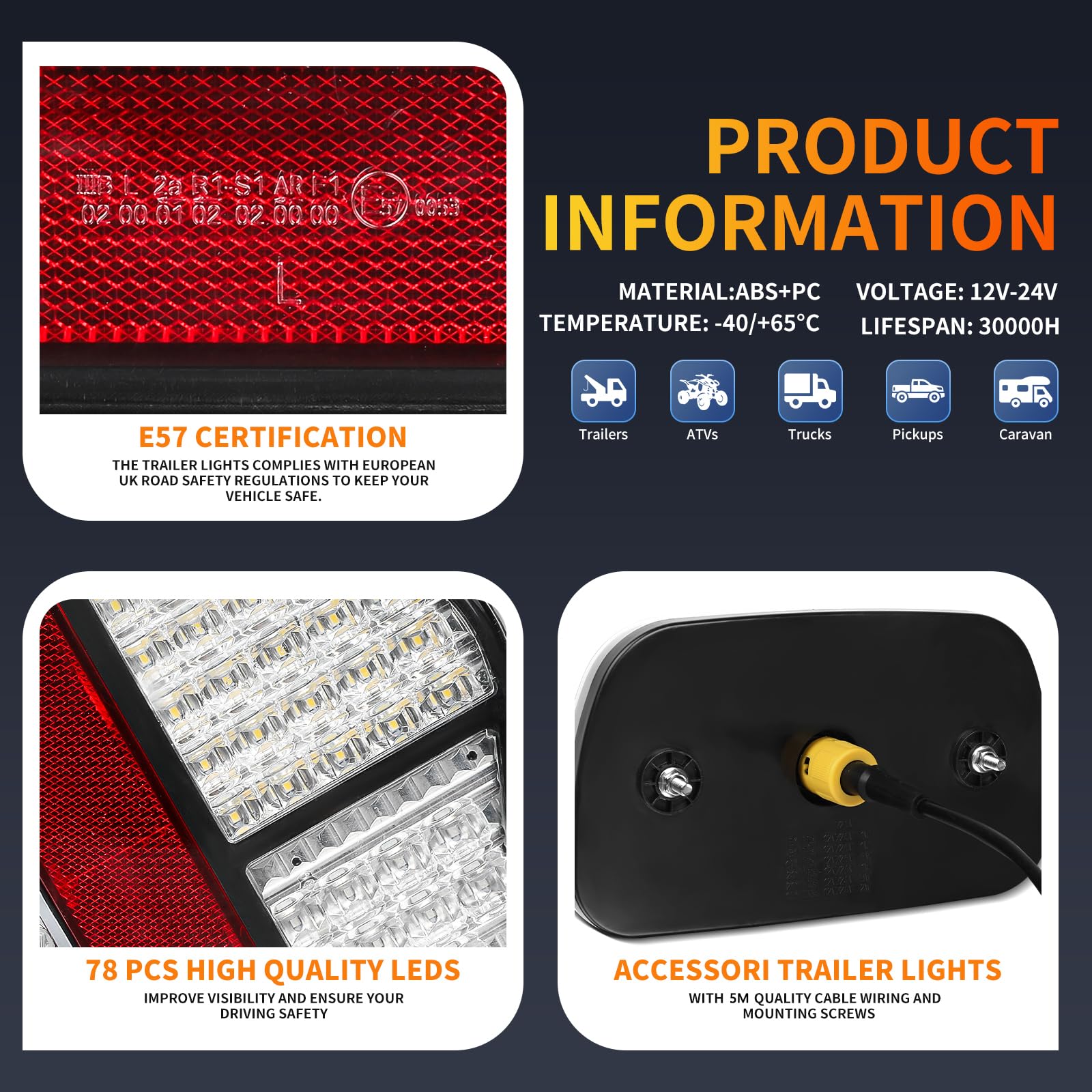 Fanali Posteriori Rimorchio, Illuminazione Fanale Posteriore a LED con Set di Cavi 2x6 Pin 5m, Luce per Rimorchio a 7 Funzioni per Roulotte/RV/Camion/Rimorchio