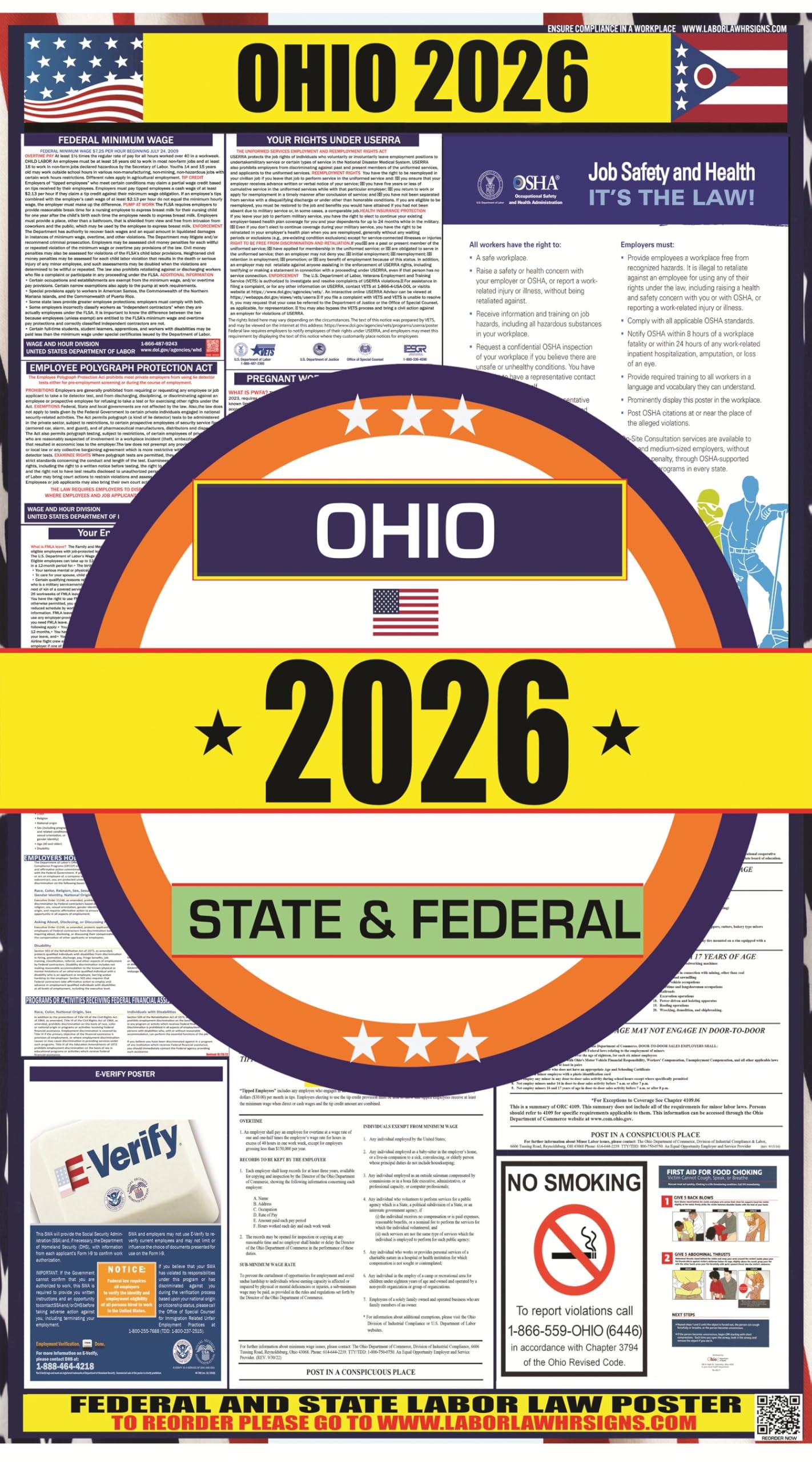 2026 Ohio (OH) State Labor Law Poster - State, Federal and OSHA Compliant Laminated Poster - Ideal for Posting in The Workplace - Easy to Read -