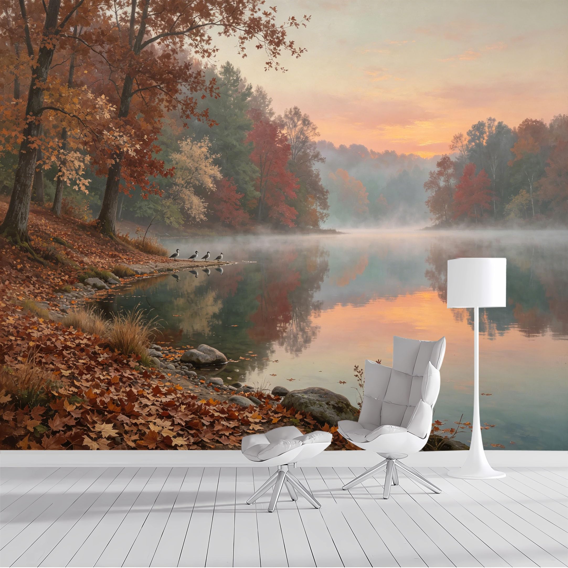 Custom Size Wall Mural Autumn Lakeside Misty Sunset Landscape Oil Painting SelfAdhesive Wall Fabric Removable Peel and Stick Wallpaper Wall Decor for Living Room Bedroom Bathroom