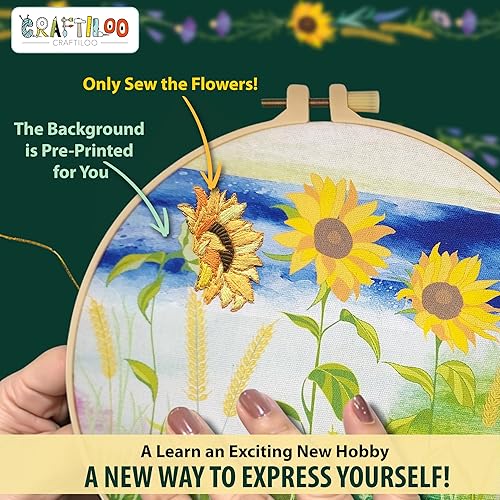 Miniatura 5 de CRAFTILOO Kit de bordado para adultos, kit de bordado a mano para principiantes con patrones de bordado estampados, kit de bordado para
