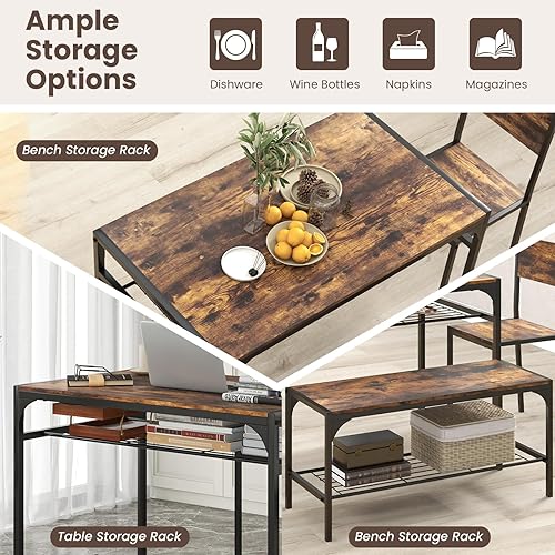 Miniatura 4 de Tangkula Juego de mesa de comedor para 4, mesa de cocina con banco y sillas, estante de almacenamiento adicional, moderno comedor para 4 personas