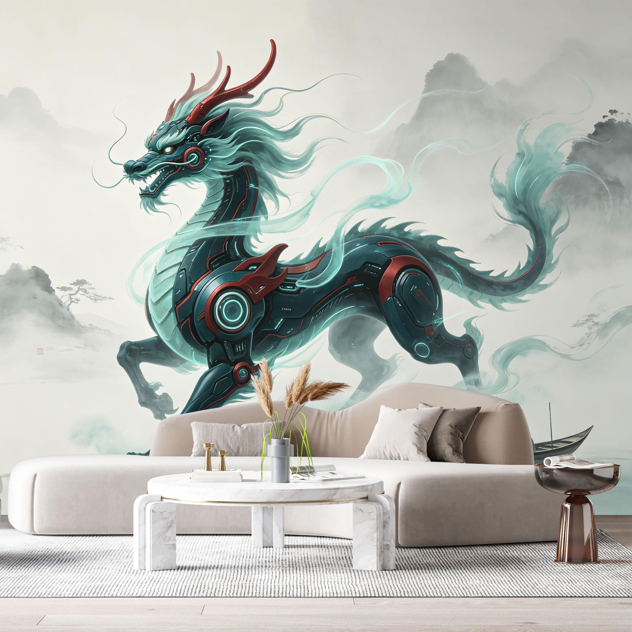 Custom Size Wall Mural Cyber Dragon Mech Futuristic Armor Mythical Creature Science Fiction Style SelfAdhesive Art Prints Removable Large Wallpaper Esports Room Game Room Tenant Room Studio