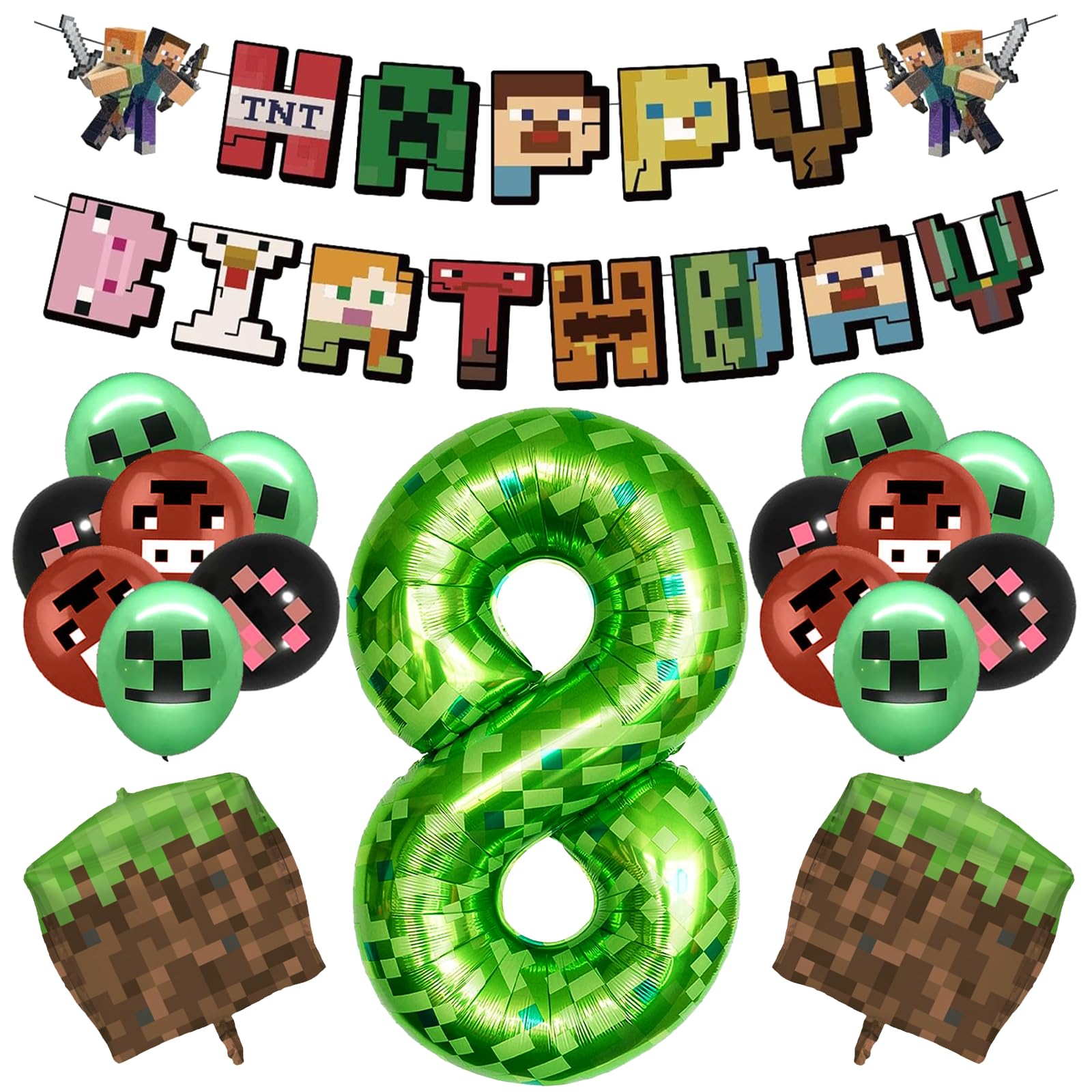 video game 8th birthday decorations for boys - pixel happy birthday banner balloons with 40inch green pixel miner theme number 8 foil balloons for 8th gaming party gamer 8 years old party decorations