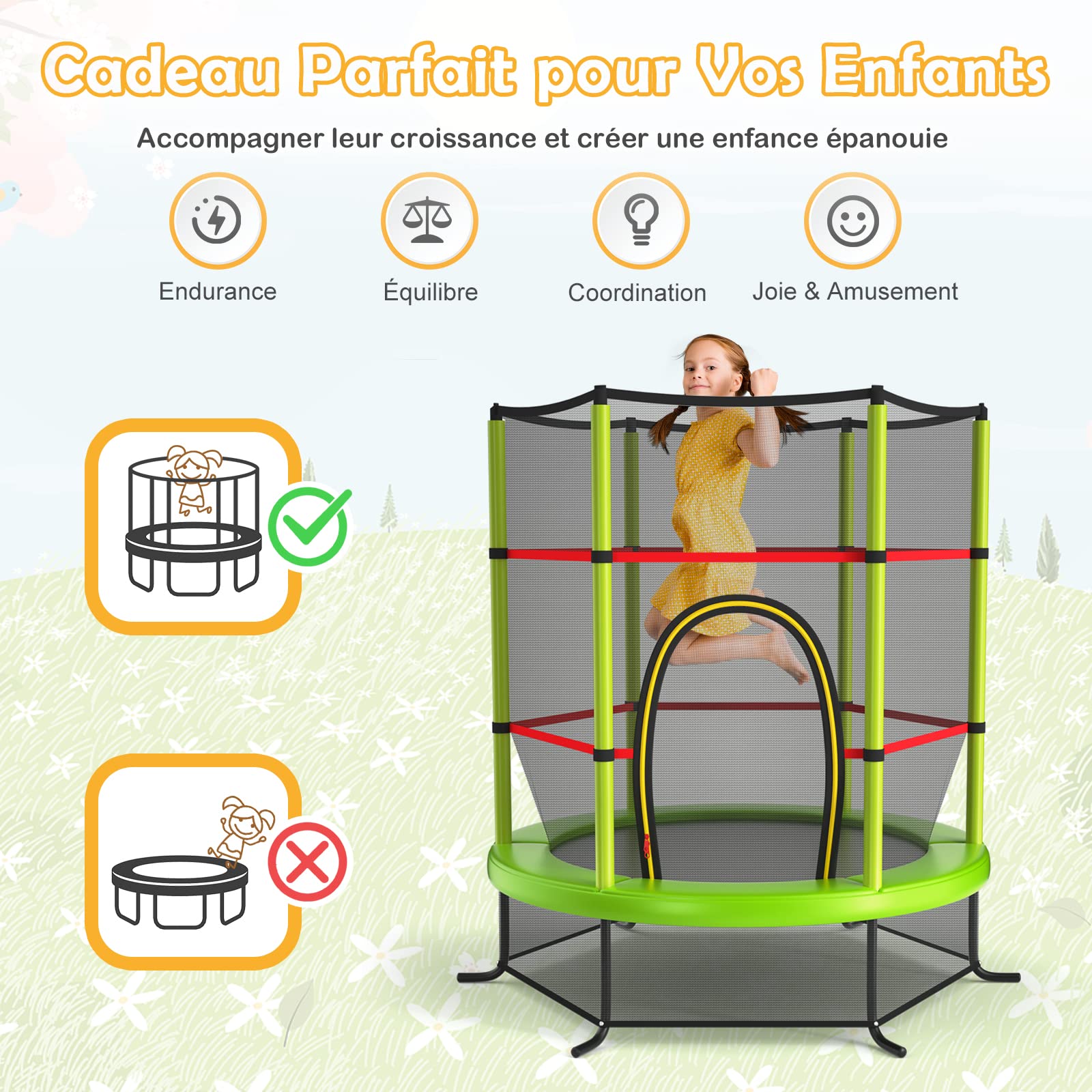 GOPLUS Trampoline Extérieur Enfant Ø165cm, Cadre en Acier, Trampoline pour Enfants avec Filet de Sécurité, Charge Maximum 45KG