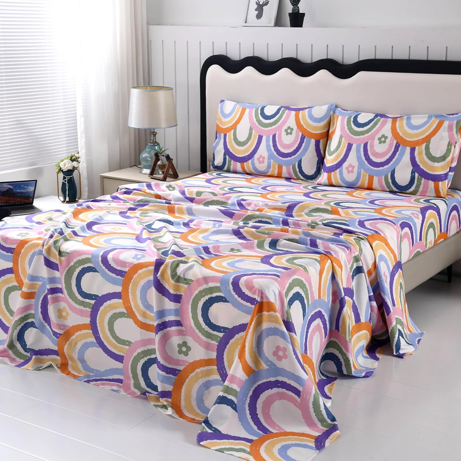 SDIII 4PCS Rainbow Queen Sheets Set Soft Microfiber Rainbow Sheets Queen Size Cute Colorful Bed Sheet for Boys