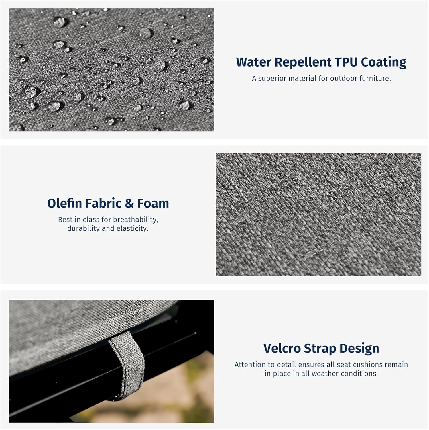 Detailed view of water-repellent fabric, Olefin fabric, and Velcro strap design