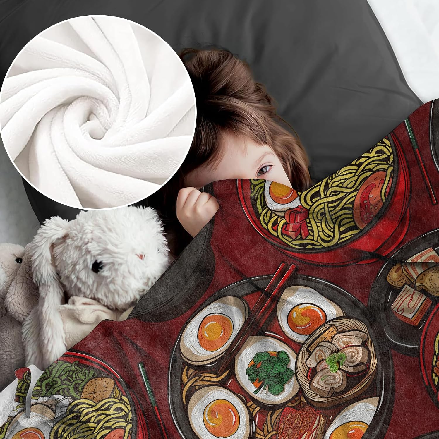 Ramen Blanket for Kids and Adults, Soft Lightweight Throw Blankets with Red Background for Sofa Bed Traveling Camping Japanese Decor Gifts, Single-Sided Printing, 50x60 Inches