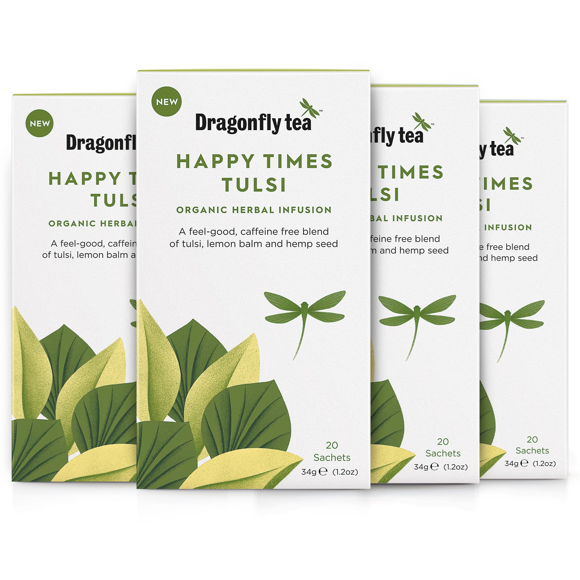Happy Times Organic Tulsi Tea - 80 Compostable Bags in Pack of 4 x 20 - Caffeine-Free Uplifting Herbal